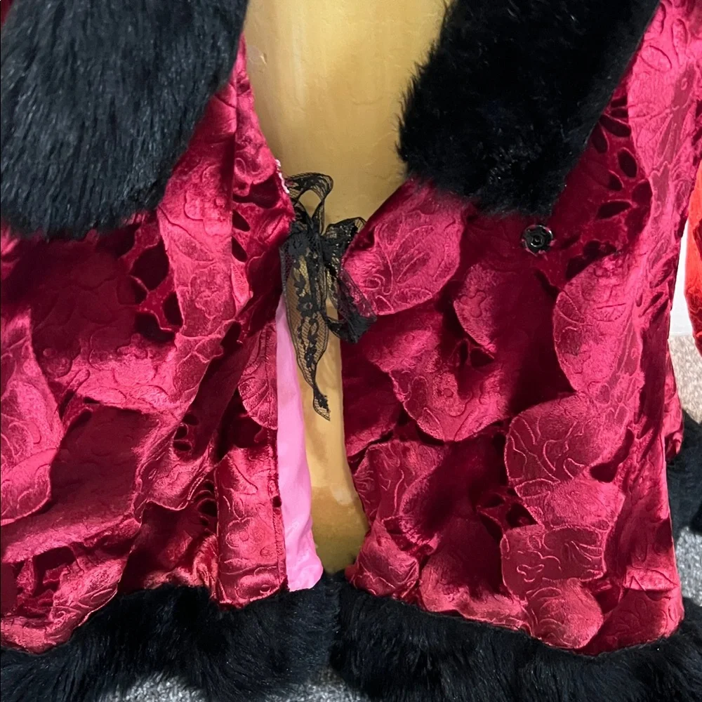 Elegant Custom Made Red Velvet Embossed Jacket w/ Black Furr Accents - Picture 4 of 7